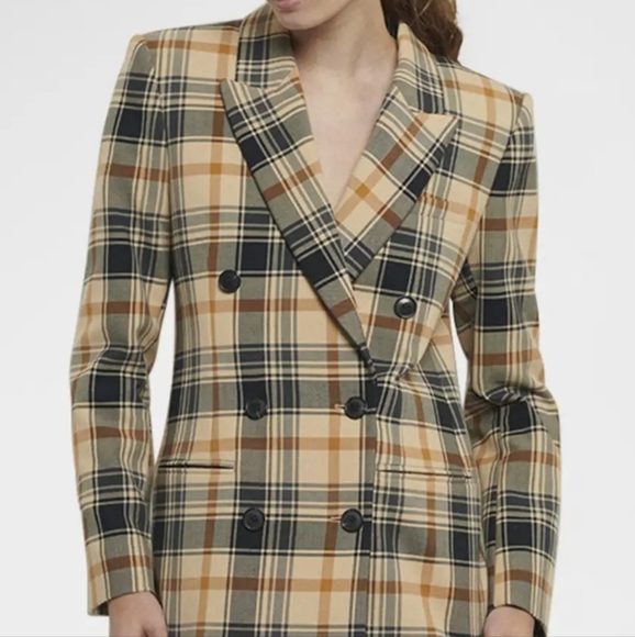 Derek Lam 10 Crosby Tan Walter Plaid Double Breasted Blazer Jacket Size 8